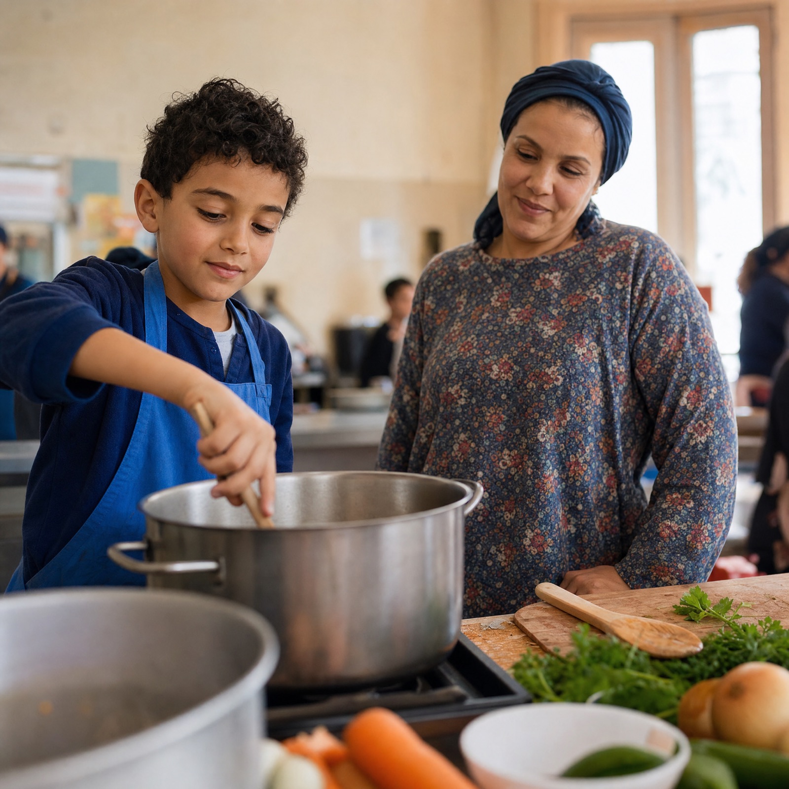 Grand-mère et petit-fils autour d'un pain d'épices maison dans une cuisine chaleureuse